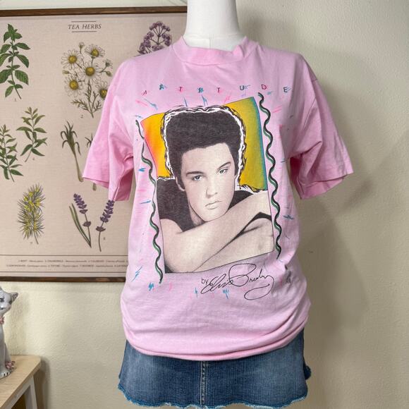 Vintage Tops - Vintage 90s Pink Elvis Presley Atitude Single Stitch T-Shirt Tee Retro USA L